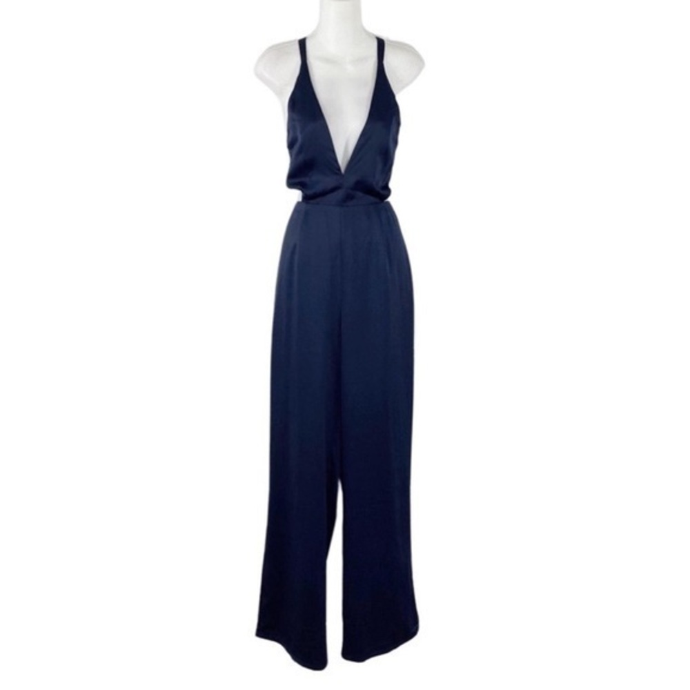 NWT Sugar+Lips Deep Navy Satin Cross Back Cutout Side Wide Leg Jumpsuit Small S